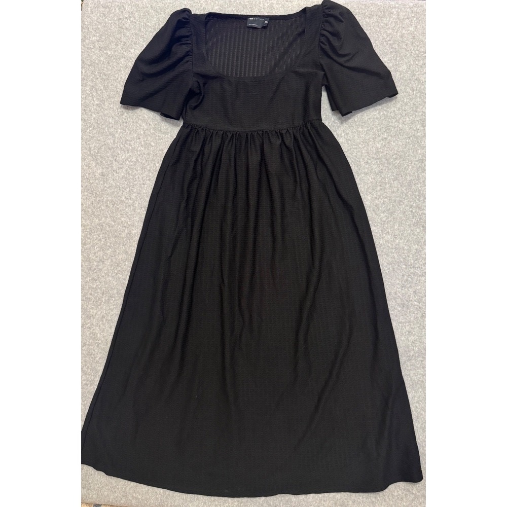 ASOS DESIGN Black Textured Puff Sleeve Square Neck Empire Waist Midi Dress US 8